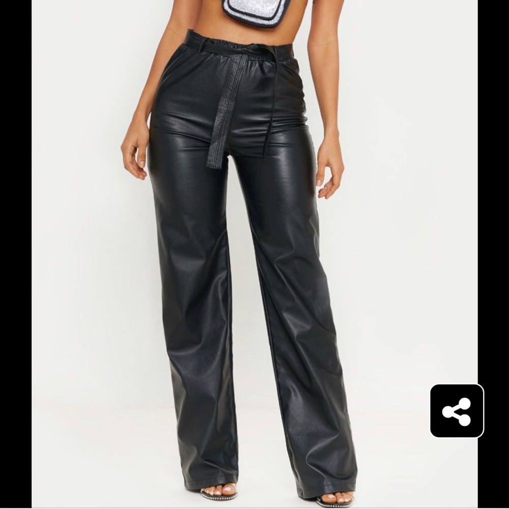 Black Faux Leather Tie Waist Wide Leg Pants